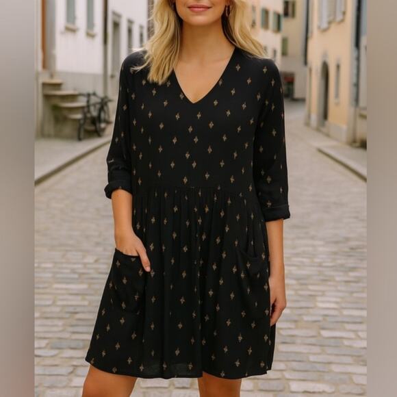 Garnet Hill Women's Gray Easy Bohemian Pocket Dress 3/4 Sleeve V-Neck size 14 - Picture 1 of 8